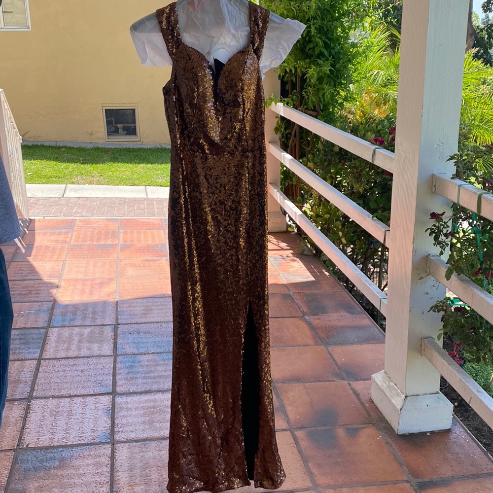 Copper Sequin Off the Shoulder Dress
